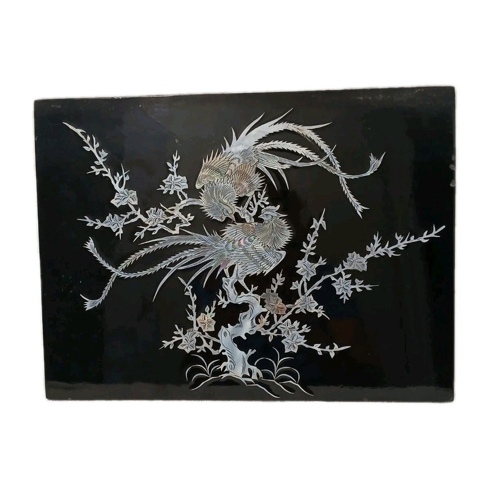 Exotic Asian Mother Of Pearl Inlay Lacquer Art Panel Peacock Phoenix Birds VNTG